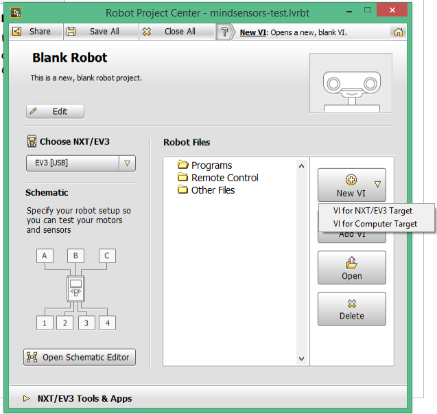 Open a Blank Robot Project in LabVIEW